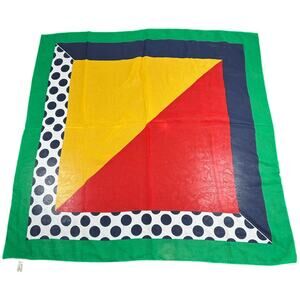 90s XL Vintage Square Semi Sheer Scarf- Blue Red Yellow Green Polka Dots 30x30"